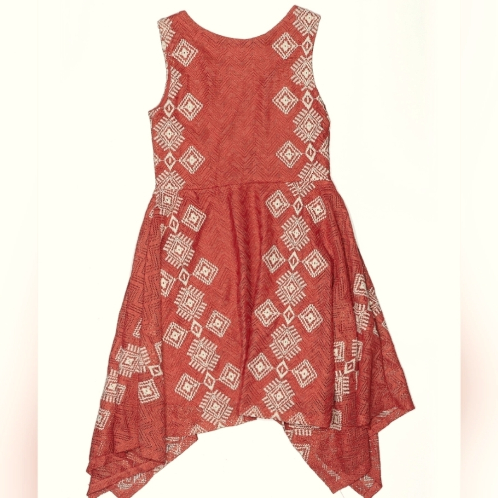 KNIT WORKS Girl's Dark Coral Knit Dress w/ White Geometric Diamond Motif Size 16